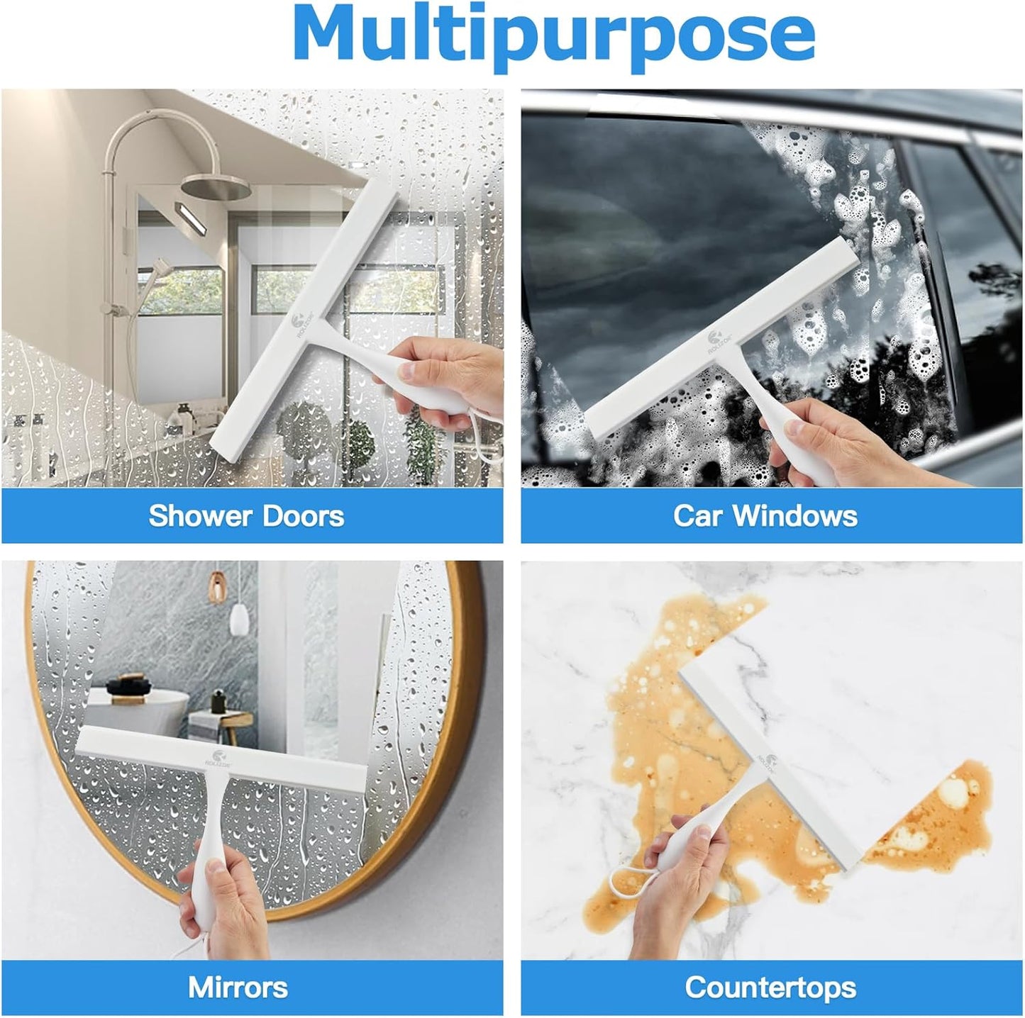 Shower Squeegee for Glass Doors, 11 Inch Ergonomics Anti-Rust Silicone Squeegee with Stainless Steel Frame for Shower Glass Door, Mirrors, Tiles and Windows Cleaning, White