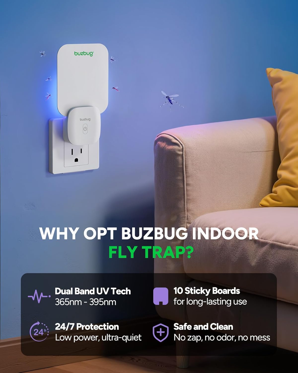 Buzbug Fly Trap Indoor, Plug-in Flying Insect Trap, Fruit Fly Traps for Indoors, Plug in Bug Trap, Gnat Trap for House Indoor, Bug Catcher for Gnat Moth Mosquito, 1 Device + 10 Refills Glue Cards