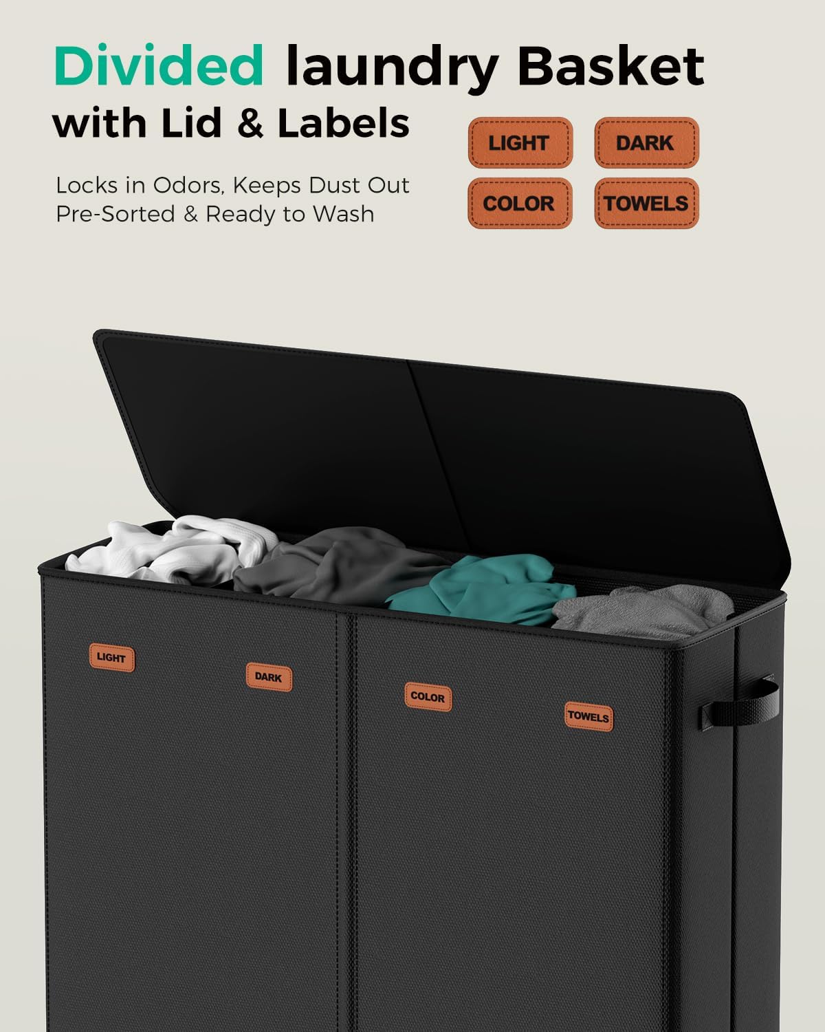 185L Laundry Hamper 3 Section with Lid & Removable Bags | Collapsible laundry basket organizer for laundry room, bedroom & dorm with 3 removable washing bags