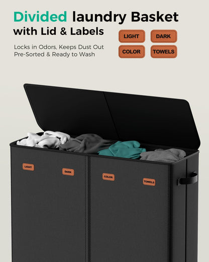 185L Laundry Hamper 3 Section with Lid & Removable Bags | Collapsible laundry basket organizer for laundry room, bedroom & dorm with 3 removable washing bags
