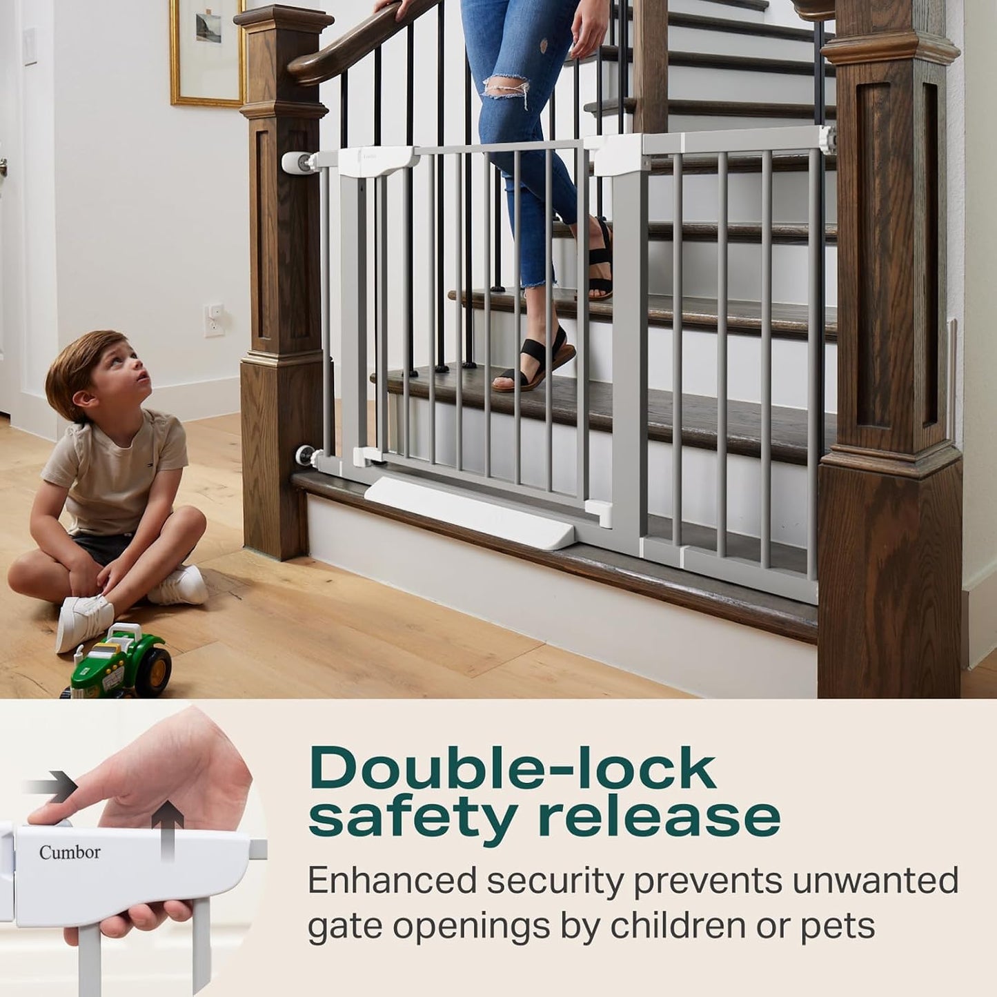 Cumbor 30-46" Baby Gate for Stairs, Mom's Choice Awards Winner-Auto Close Dog Gate for The House, Gifts for Mom, Easy Install Pressure Mounted Pet Gates for Doorways, Black
