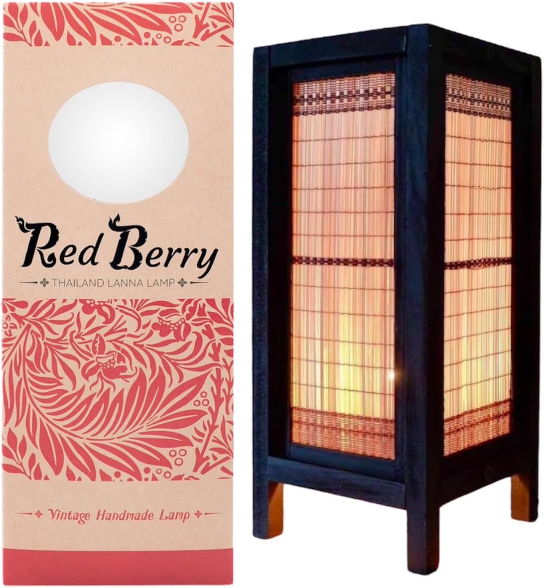 RED BERRY THAILAND LANNA LAMP-Thai Vintage Handmade Asian Bamboo Art Handcraft Japanese Lamp Table Lights or Floor Wood Table Lamp (Bamboo Art New)
