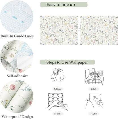 Dimoon 17.3''x78.7'' Vintage Peel and Stick Wallpaper Boho Beige Neutral Contact Paper White Floral Bird Wallpaper Removable Botanical Renter Friendly Modern Wall Paper Bedroom Bathroom Vinyl Roll