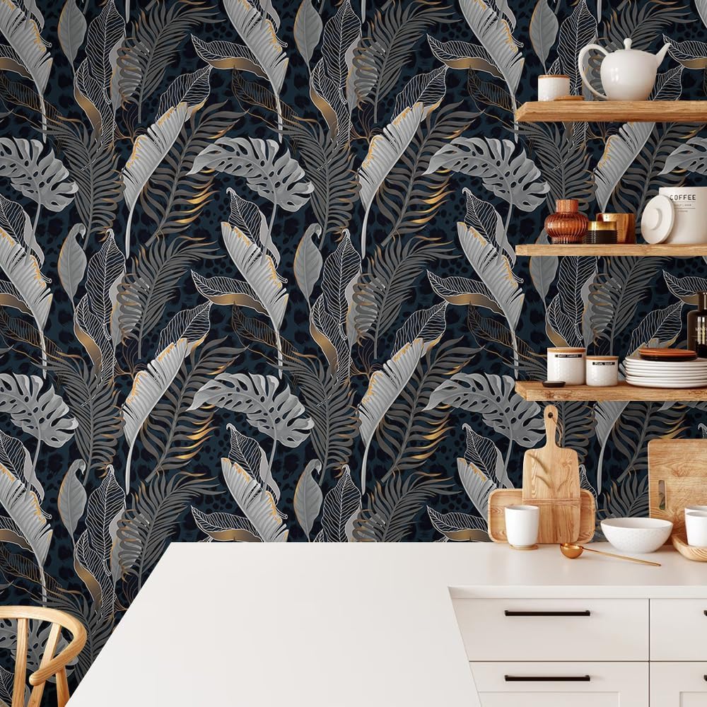 MuralPeel Dark Blue/Yellow Leaf Floral Peel and Stick Wallpaper Vintage Easy Peel Off Self Adhesive Removable Stick on Wall Paper for Kitchen Cabinet Renter Friendly