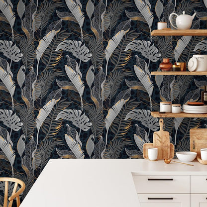 MuralPeel Dark Blue/Yellow Leaf Floral Peel and Stick Wallpaper Vintage Easy Peel Off Self Adhesive Removable Stick on Wall Paper for Kitchen Cabinet Renter Friendly
