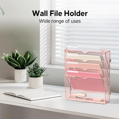 5 Tier Wall File Organizer - Hanging File Organizer with 5 Hooks, Mail Holder Wall Mounted for Papers, Folders, Magazines, Bills, Office&School Organization, Black