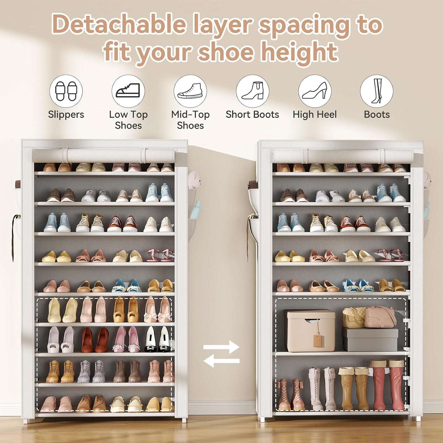 LANTEFUL Shoe Rack with Covers - 10 Tiers Tall Shoe Rack Organizer Large Capacity Shoe Shelf Storage 40 Pairs Space Saving Vertical Shoe Storage Organizer for Closet, Entryway, Dorm, Bedroom