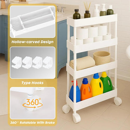 ShellKingdom 4 Tier Bathroom Storage Organizer, Slim Rolling Storage Cart for Narrow Space, Mobile Shelving Unit with Lockable Wheels and Hooks for Bathroom, Kitchen, Laundry Movable Shelf (Green)