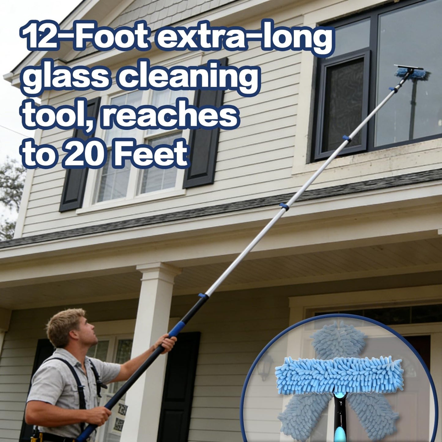 26FT High Reach Duster Cleaning Kit with 5-20 FTExtension Pole, High Ceiling Fan Cleaner Duster Tool for Fan Blades, Extendable Reusable Cobweb, Feather, Window Cleaning Squeegee Kit (20FT)