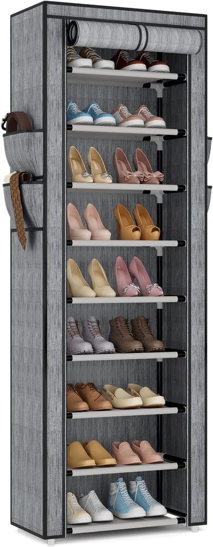 VILICK Shoe Rack with Cover Narrow Shoe Organizer with 4 Side Pockets 10 Tier Tall Shoe Storage Holds 18-22 Pairs Shoes and Boots Shoe Rack for Closet Entryway Garage