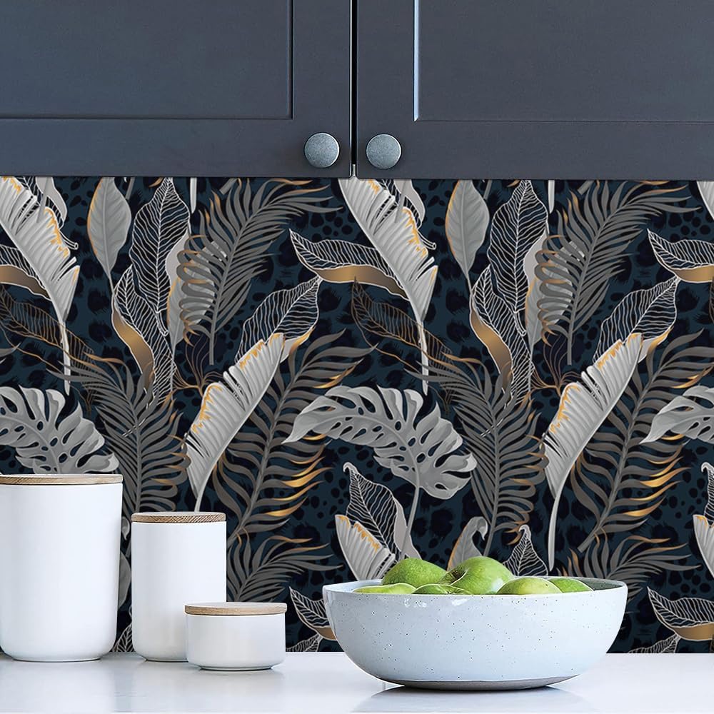 MuralPeel Dark Blue/Yellow Leaf Floral Peel and Stick Wallpaper Vintage Easy Peel Off Self Adhesive Removable Stick on Wall Paper for Kitchen Cabinet Renter Friendly