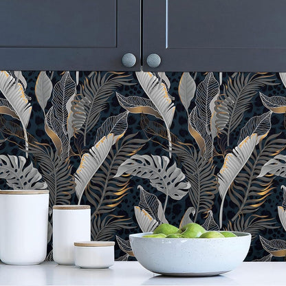 MuralPeel Dark Blue/Yellow Leaf Floral Peel and Stick Wallpaper Vintage Easy Peel Off Self Adhesive Removable Stick on Wall Paper for Kitchen Cabinet Renter Friendly