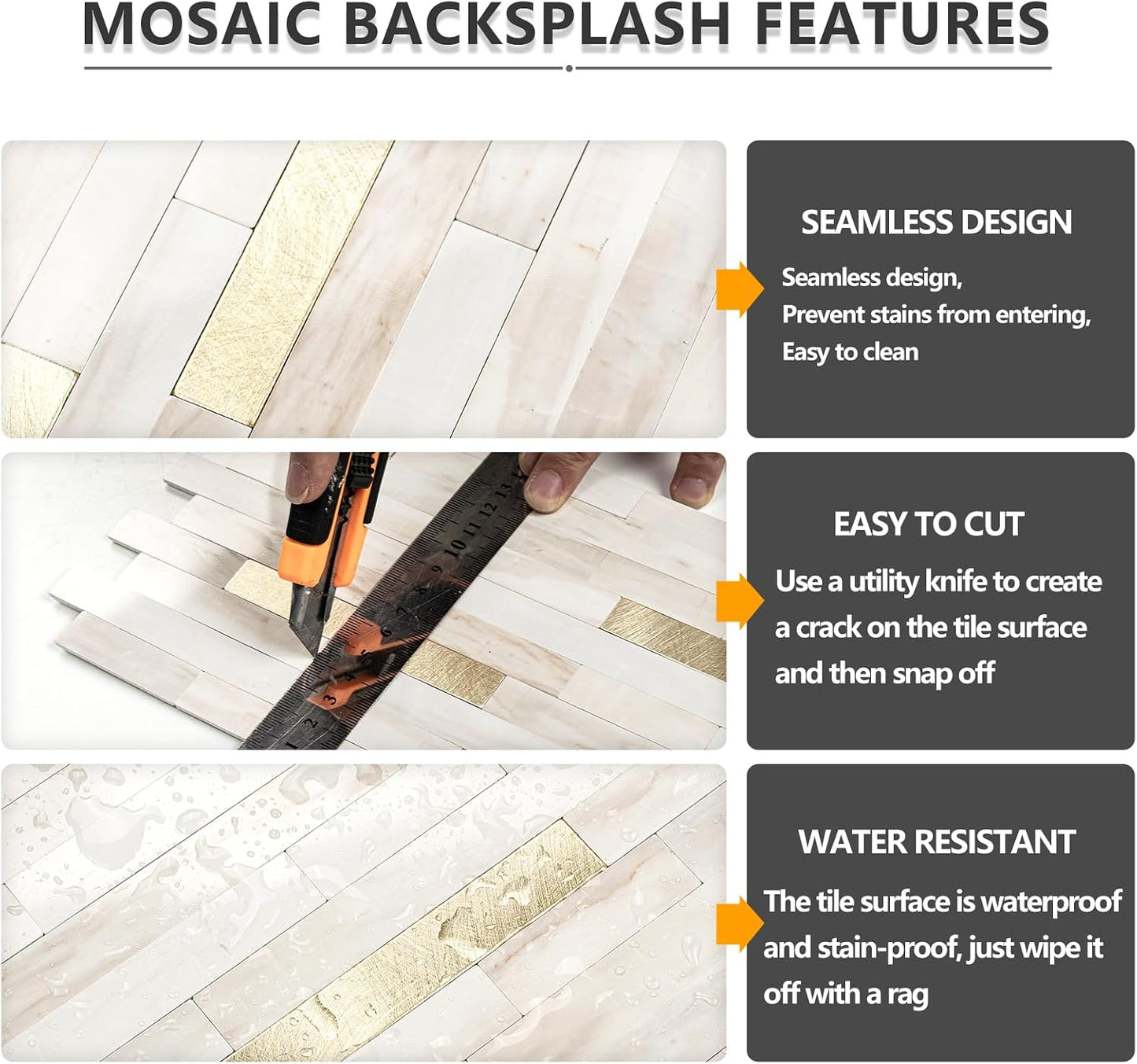 STICKGOO 20 Sheets Peel and Stick Backsplash Tile, Stick on Backsplash for Kitchen and Bathroom, White Sandstone Look PVC Mixed Metal Gold Self Adhesive Wall Tiles
