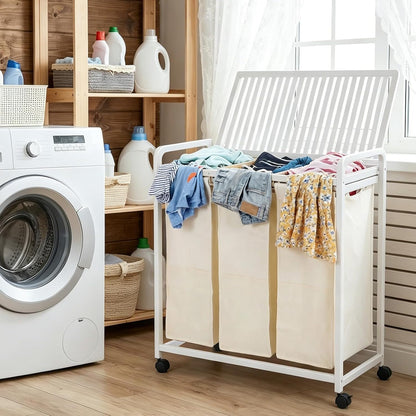 Bamboo Laundry Hamper 3 Section with Lid, 150L Laundry Sorter with Lockable Wheels, Pull-Out Removable Washable Bags, 3 × 12.5 Gal Divided Laundry Baskets for Laundry Room, Bathroom (White)