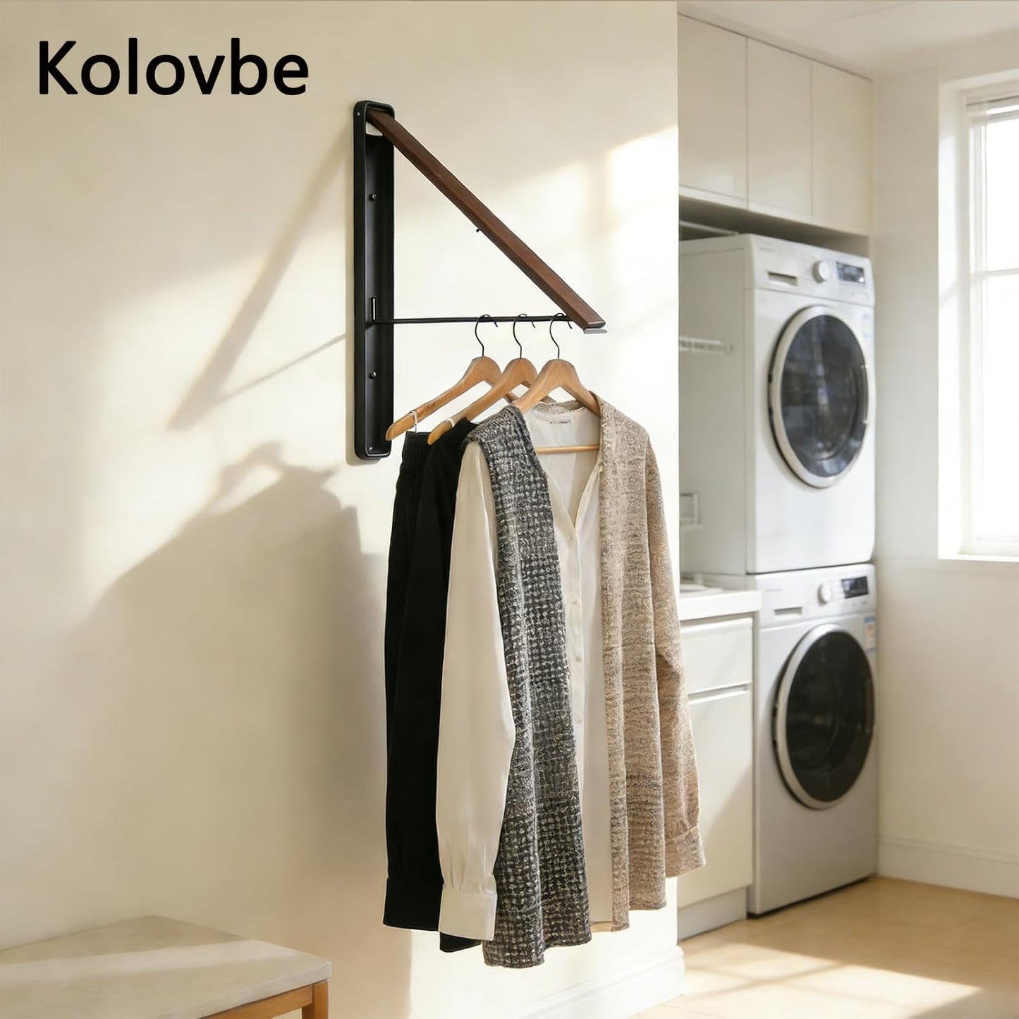 Clothes Drying Rack Wall Mounted for Laundry Balcony RV, Wood Color | Indoor Space Saving Foldable Collapsible Heavy Duty Door Mount