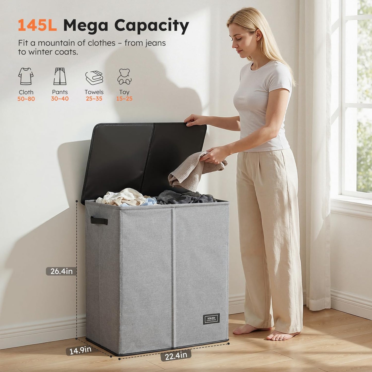 SOLEDI Luxury Double Laundry Hamper with Lid and Removable Bags, 38.3 Gal Large Laundry Bin, Laundry Basket 2 Sections, Collapsible Clothes Hamper for Bedroom, Laundry Room, Bathroom, Off-white