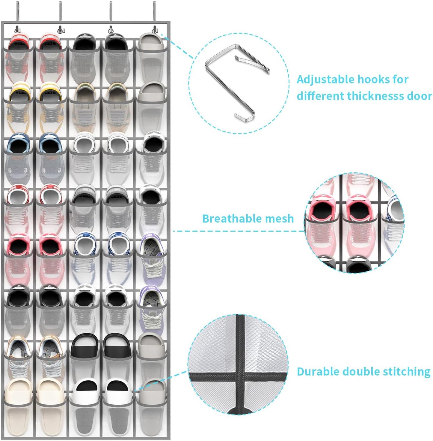 SAVERHO 35 Pockets Over the Door Shoe Organizer, Hanging Shoe Organizer for Door with 35 Mesh Pockets Large Capacity Shoe Hanging Storage Bag with 4 Metal Hooks (White-1Pack)