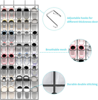 SAVERHO 35 Pockets Over the Door Shoe Organizer, Hanging Shoe Organizer for Door with 35 Mesh Pockets Large Capacity Shoe Hanging Storage Bag with 4 Metal Hooks (White-1Pack)
