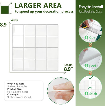 STICKGOO 10 Sheets Peel and Stick Backsplash - 9" x 9" 4D Adhesive Peel and Stick Tile Backsplash for Kitchen&Bathroom