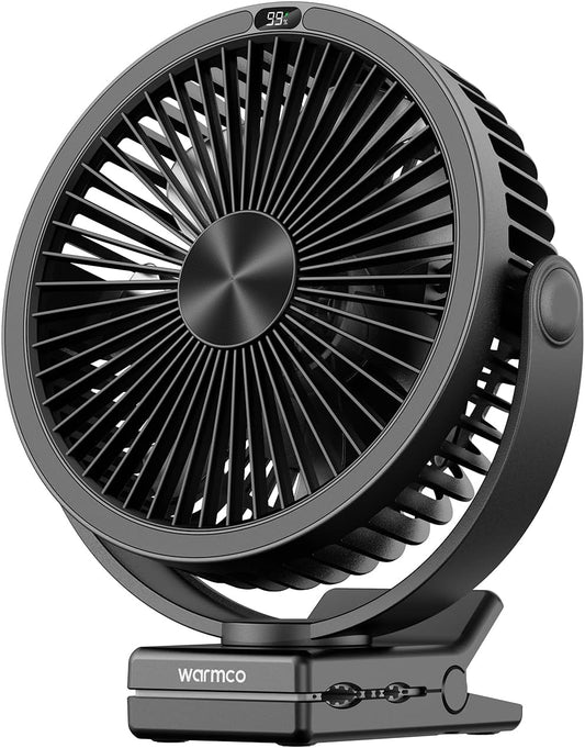 Warmco 10000mAh Rechargeable Clip on Fan, 8 Inch Desk Fan for Camping | 8-26H Runtime, USB-C Two-Way Charging, 360° Adjustable, 3-in-1 Clip Hook Desk Use, 4 Speeds, Washable Grille