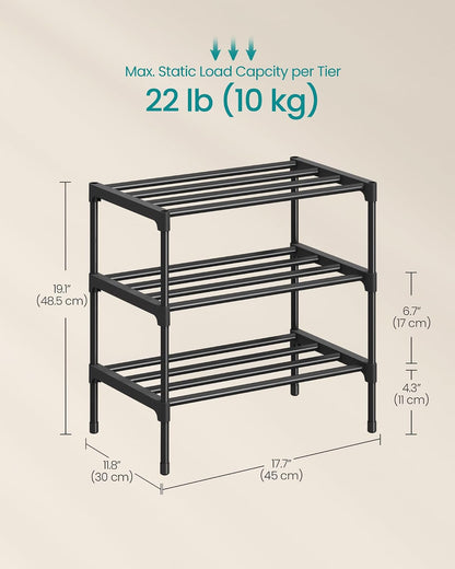SONGMICS 2-Tier Shoe Rack for Closet, Compact Metal Shoe Organizer Shelf for Entryway, Bedroom, Small Spaces, Stackable, 11.8 x 24.5 x 12.2 Inches, Black ULSA122BH01