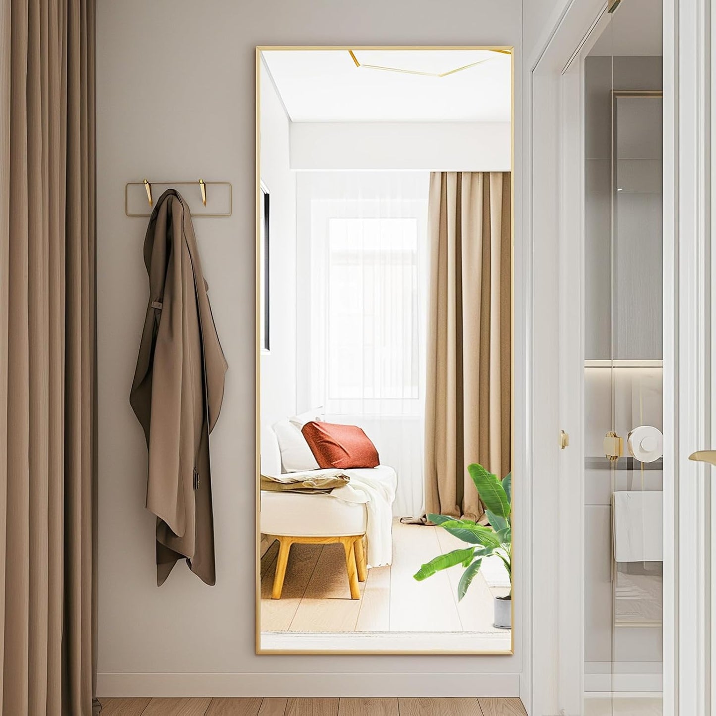 DUMOS 64"x21" Arched Full Length Floor Mirror, Full Body Mirror with Stand, Shatterproof Tempered Glass, Modern Aluminum Alloy Frame, Free Standing or Leaning for Home Decor, Gold