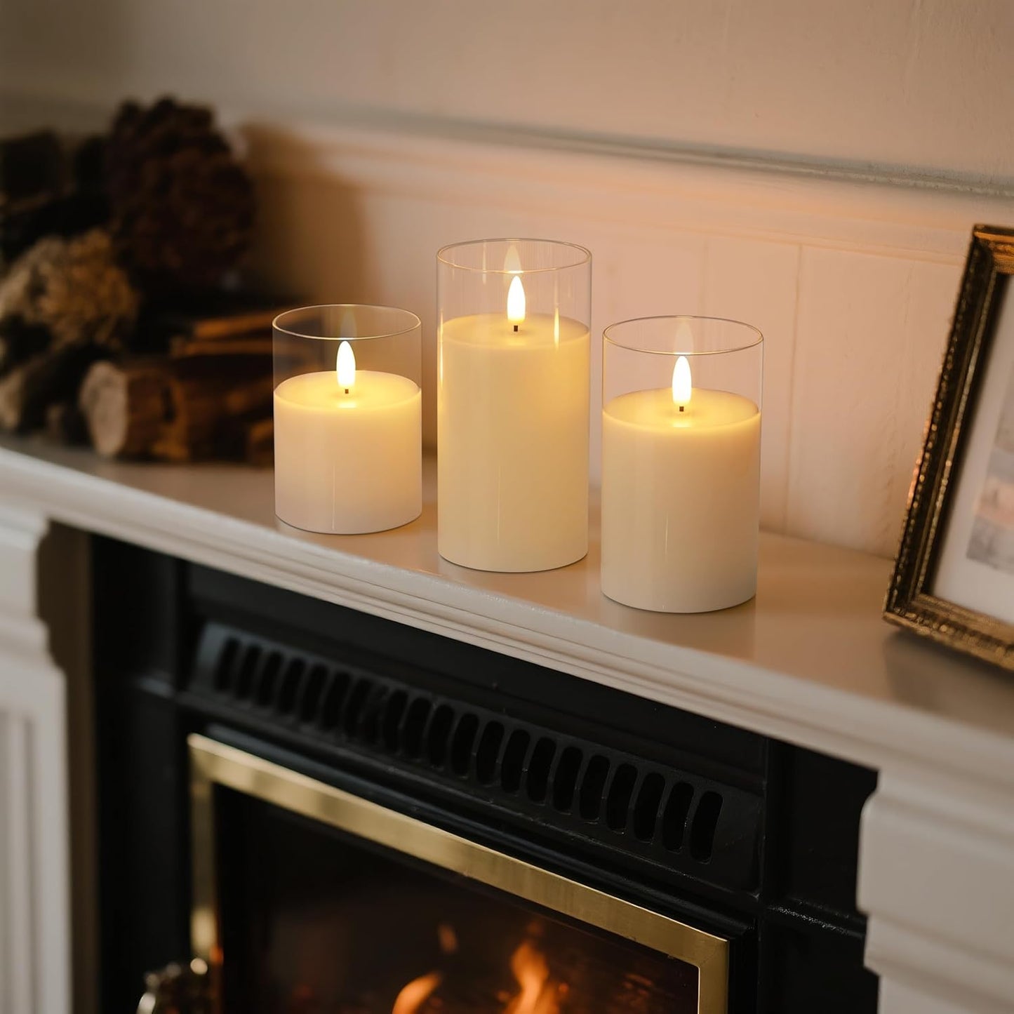 Blue Flameless Candles with Remote, Real Wax Glass Battery Operated Candles with Timer, LED Pillar Candle for Bedroom Home Wedding Birthday Party Fall Halloween Christmas Decorations, Set of 3