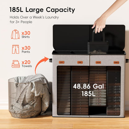 185L Laundry Hamper 3 Section, Laundry Hamper with Lid, Dirty Clothes Hamper with 3 Removable Washing Bags, Extra Large Laundry Basket Organizer for Bedroom, Laundry Room, Dorm - Black