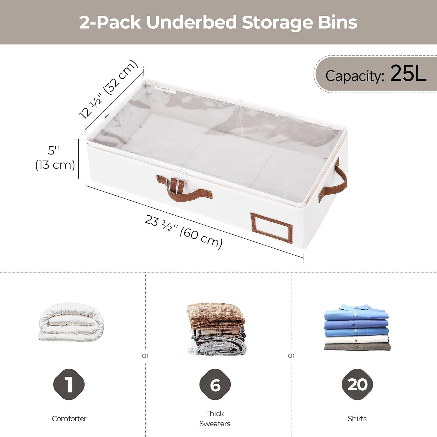 StorageWorks Large Under Bed Storage Containers with Handles and Label Holder, 2 Pack Ultra-thick Fabric Underbed Bins, Closet Organizer for Clothes, Blankets, Sweater