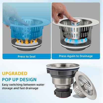 Hibbent Upgraded 3 In 1 Kitchen Sink Drain Strainer and Stopper Combo Assembly Kit, Stainless Steel Larger Anti-Clogging Basket, Pop Up Stopper Plug for US Standard 3-1/2 Inch, Brushed Nickel