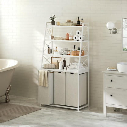 Herture Laundry Basket, 3 Section Laundry Hamper with 4 Tiers Shelf, Pull-Out and Removable Laundry Bags, Large 3 x 15.87 Gallons, for Laundry Room Bathroom Rustic Brown PF05XLN