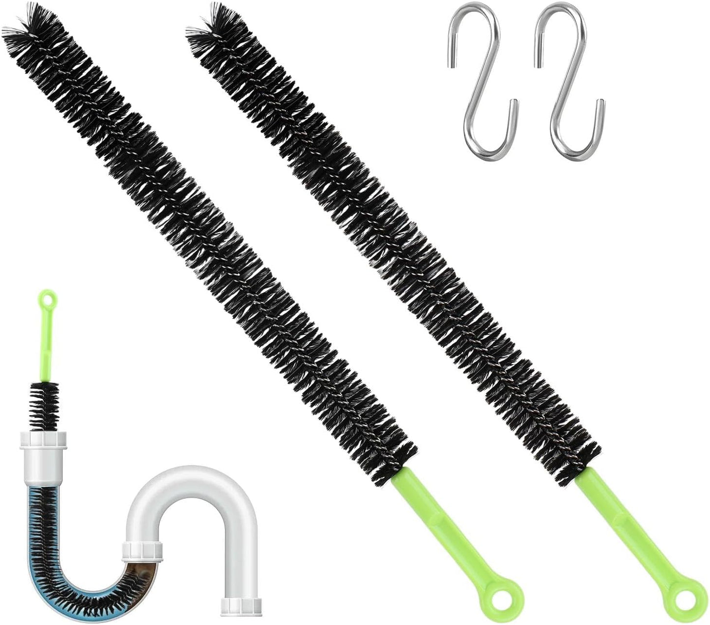 Quixleen 2 Pcs Flexible Drain Clog Remover with 2pcs S-shape Hooks, Bendable Long Pipe Cleaner Sewer Drain Get Rid Hair and Mucus for Toilet, Kitchen Sink, Bathroom Tub