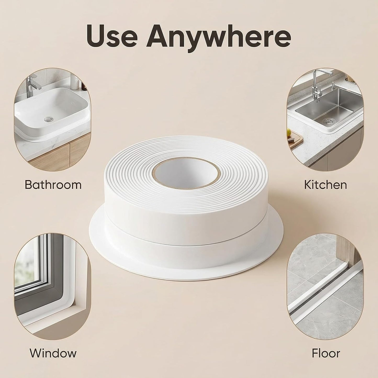 White Caulk Tape – Waterproof Sealant Strip for Bathroom, Shower, Bathtub, Kitchen Sink & Tile Gaps – Flexible, Paintable, Self-Adhesive, Long Lasting