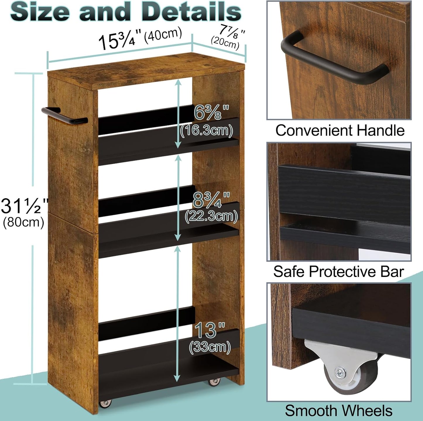 MARTY Slim Rolling Storage Cart 4-Tier Kitchen Cart with Wheels, Laundry Room Storage with Handle Slide Out Utility Cart Shelving Unit Organizer Trolley for Narrow Places Bathroom Small Corner, Black