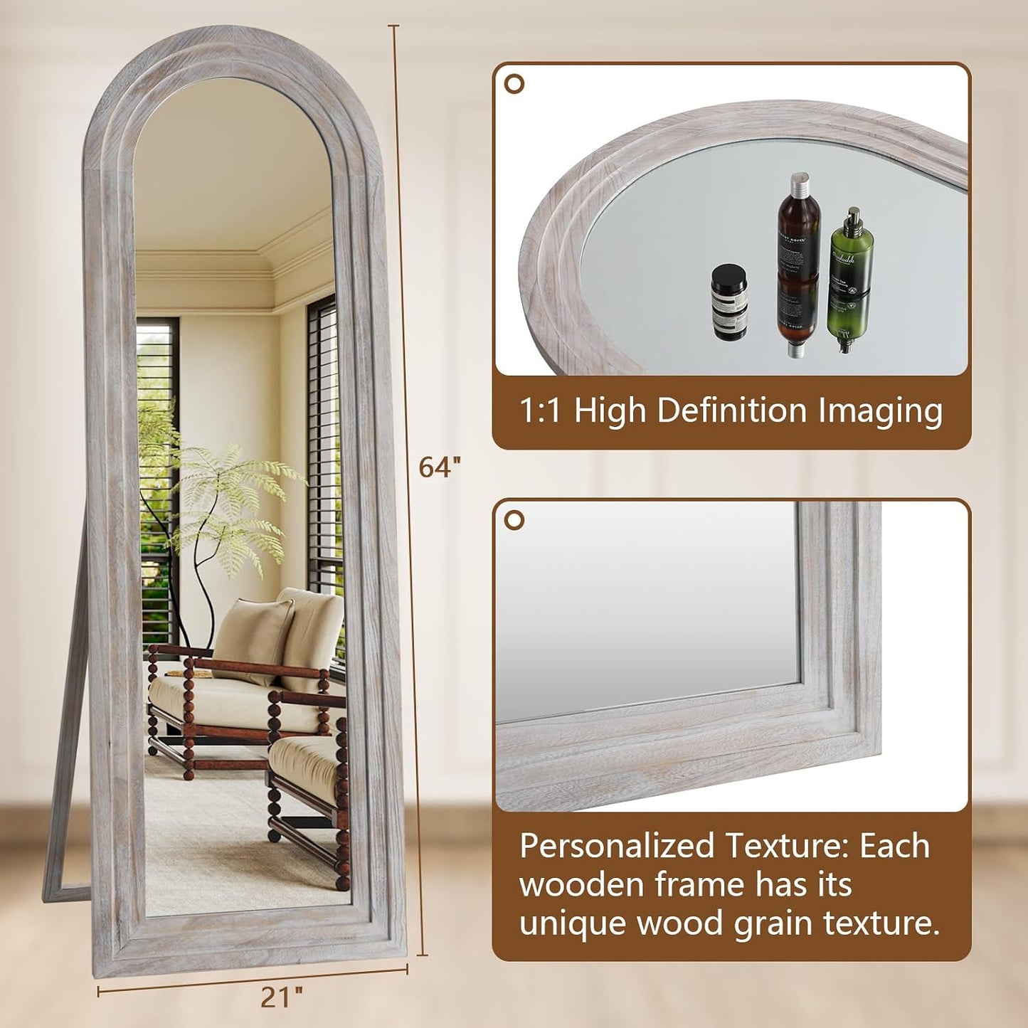 MELOMOIR Arched Full Length Mirror with Solid Wood Frame, 56"x21" Rustic Farmhouse Floor Mirror with Stand, Free Standing Leaning Hanging, for Bedroom Living Room Dressing Room Entryway, Brown