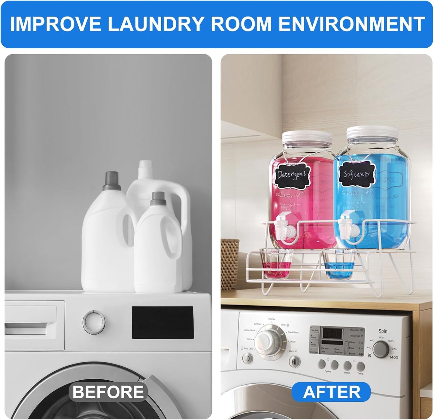 Roetell 2 Sets 1 Gallon Laundry Detergent Dispenser with Stand, Measuring Cup, Glass Laundry Detergent Containr for Laundry Room Organization
