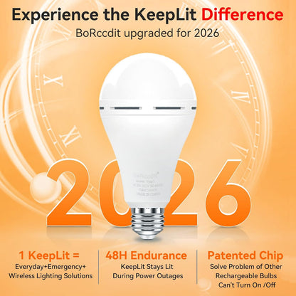 BoRccdit A21 6PK Emergency-Rechargeable-Light-Bulb, Keep Lighting During Power Outage, 12W 6500K LED 65W Equivalent Light Bulbs, 1200 mAh Battery Backup Light Bulbs for Home Power Failure