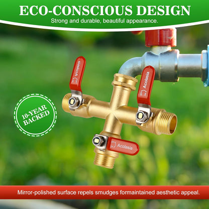 Hose Splitter 2 Way Heavy Duty Brass Garden Hose Splitter with 360° Rotatable, 304 Stainless Steel Long Handle Outdoor Full Flow Hose Splitter Connector, 3/4" GHT Thread