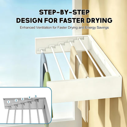 Wall Mounted Clothes Drying Rack 31.5" Wide，Foldable Wall Mount Laundry Rack with 5 Aluminum Rods,Retractable and Foldable Space-Saving Wall Mounted Clothes Drying Rack White