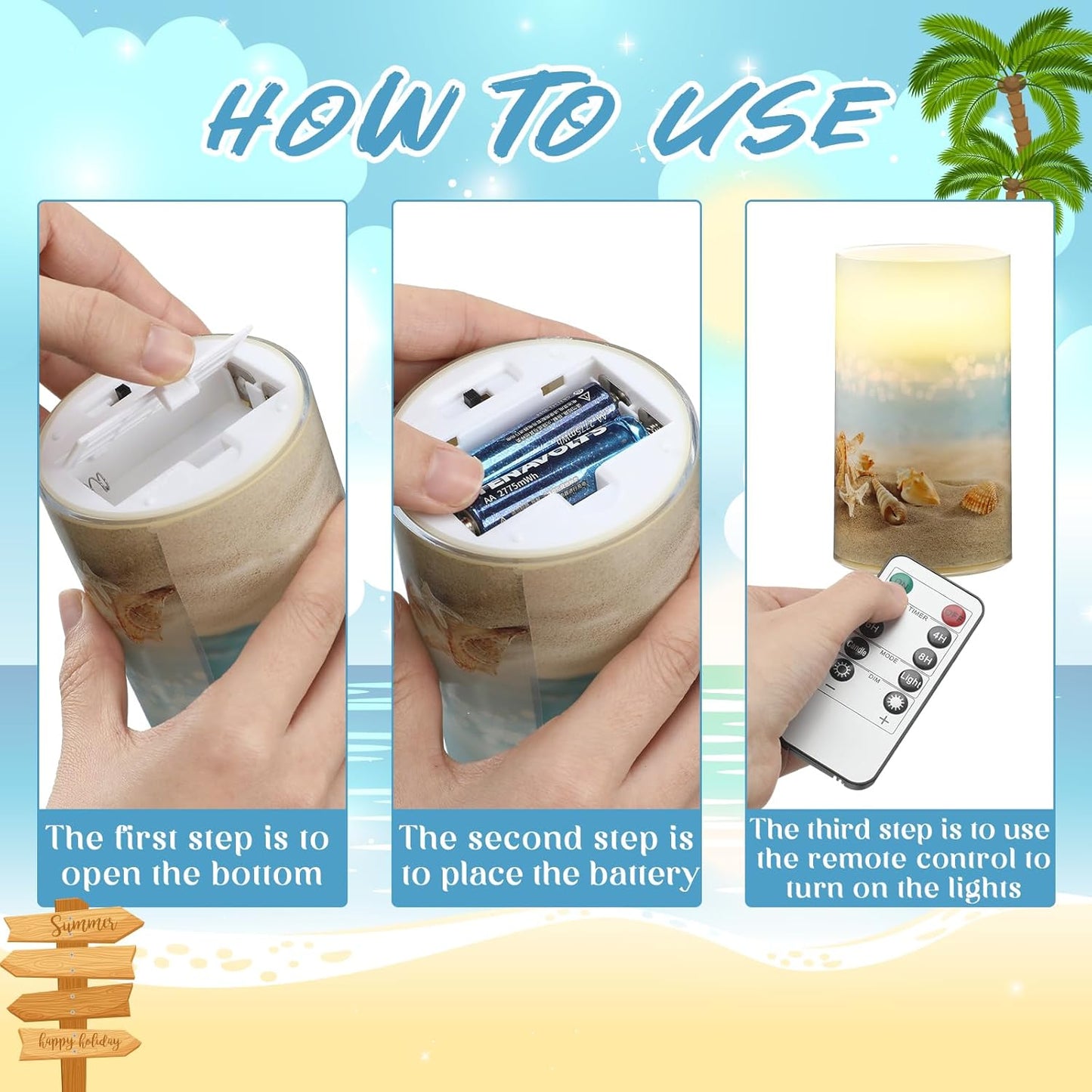 Tujoe 3 Pcs Summer Ocean Flameless Candles Teal Beach LED Battery Pillar Candles Set Battery Operated Coastal Nautical Decorations Flickering Gifts with Remote Decorations for Holiday