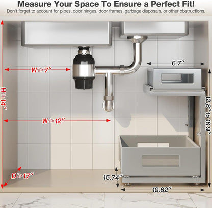 2 Pack Under Sink Organizer with Next-Gen Ball-Bearing Slides,2-Tier Pull Out Cabinet Storage,Height Adjustable Drawer Shelf for Bathroom,Kitchen,Laundry,Cabinet,Pantry(Patent Pending)