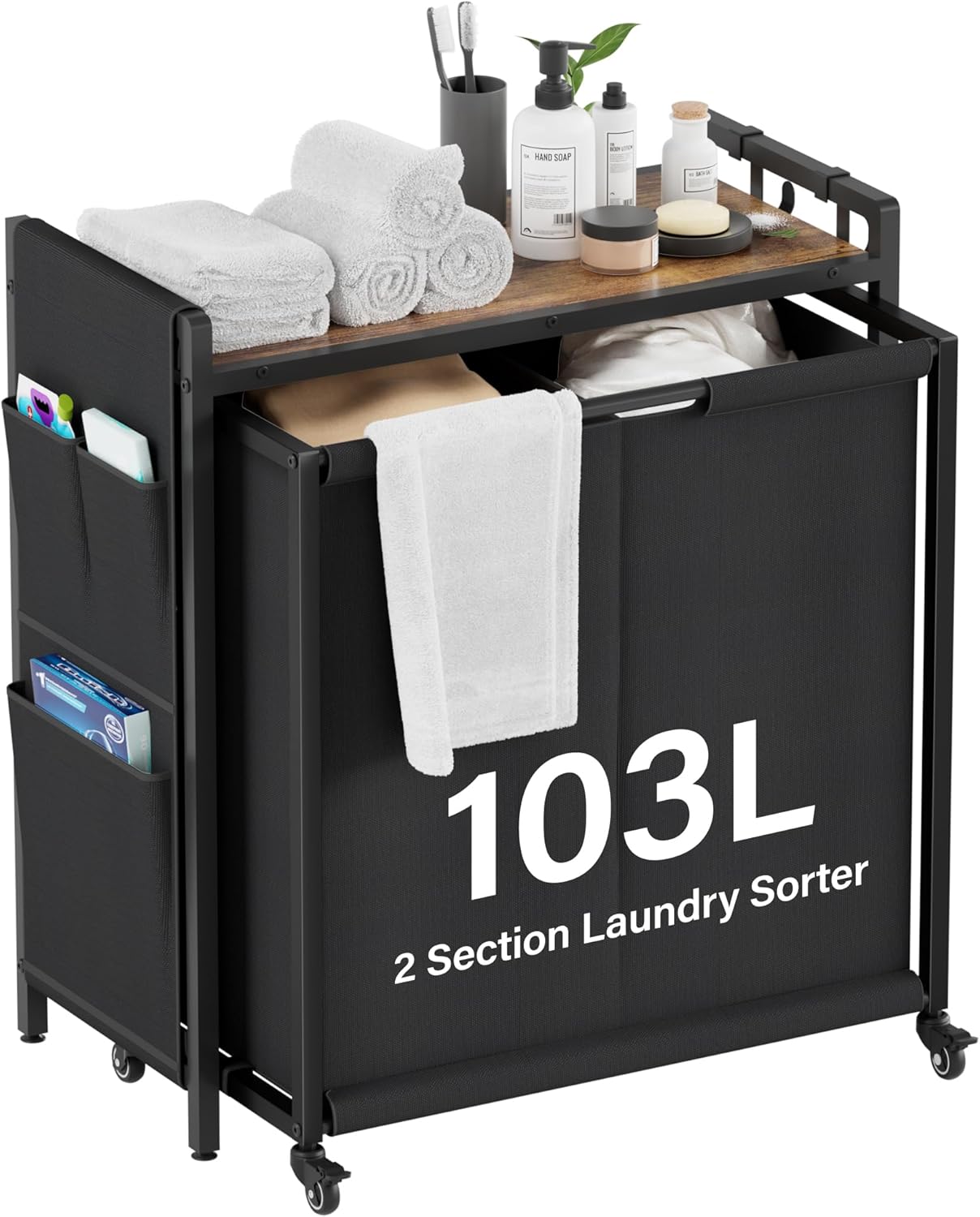 Laundry Hamper Sorter 2 Section 103L: Rolling Laundry Basket Organizer with Wheels & Shelf & Oxford Fabric Bags - Clothes Hamper with Shelf 2 Compartment for Room Organization and Storage
