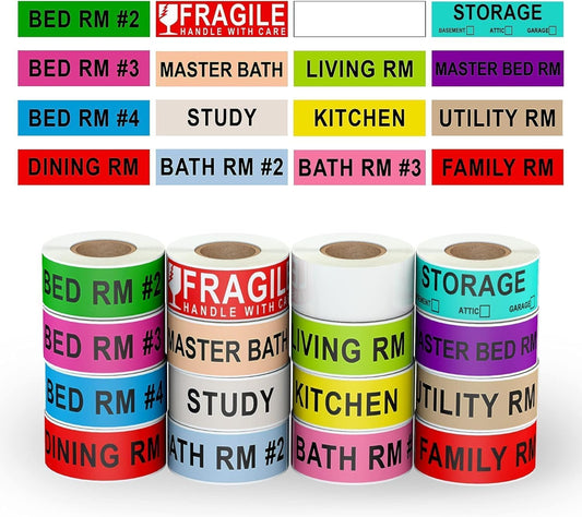 Home Moving Color Coding Labels 3 Bedroom House 2 Bathroom Kitchen Fragile Blank Space Box Stickers, Total 16 Rolls, 50 Labels/Roll, 1 x 4.5 Inch