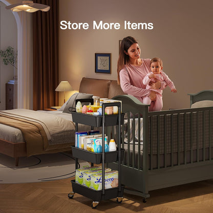 Pipishell 3 Tier Rolling Cart Organizer, Plastic Rolling Cart with Lockable Wheels & Reinforced Handle, Lightweight Utility Cart Storage Cart for Nursery, Kitchen, Bathroom, Craft Room, White, PIUC14W