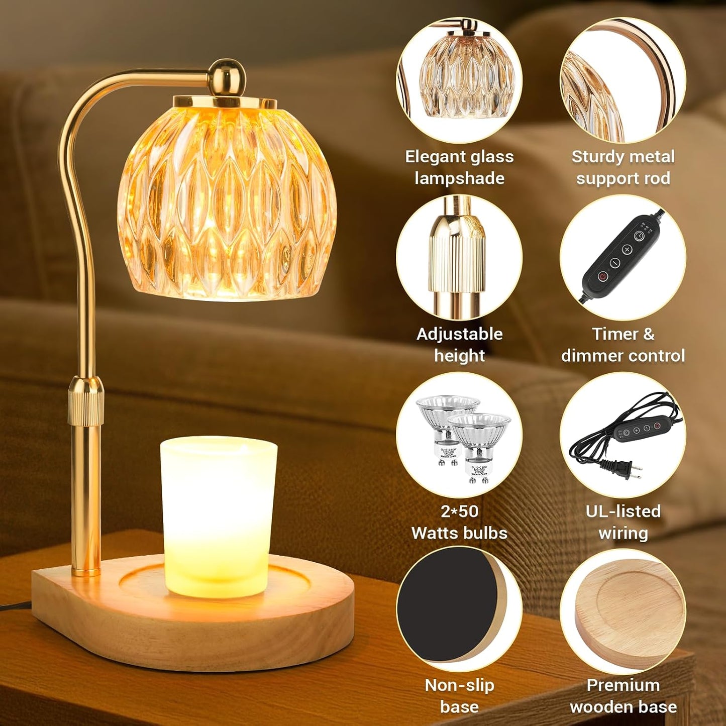 Candle Warmer Lamp with Timer Dimmer, Adjustable Height Candle Lamp Warmer for Jar Candles, Flower Glass Wax Melt Warmer with 2 Bulbs, Flameless Home Decor Gifts for Women Mom, Housewarming