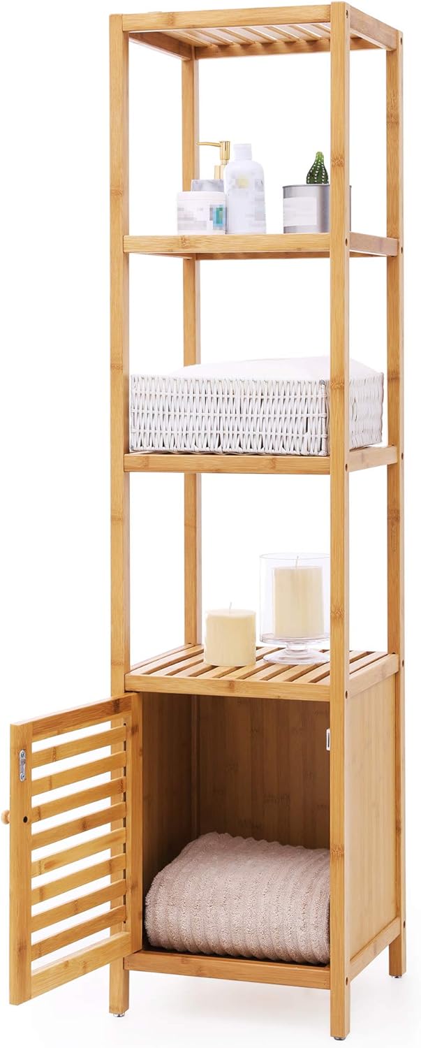 SONGMICS Bamboo Rolling Cart, 3-Tier Utility Cart on Wheels, Slim Narrow Storage Shelf, Bamboo Shelves, Space-Saving, Multifunctional, for Bathroom, Kitchen, White and Natural UBCB083N02