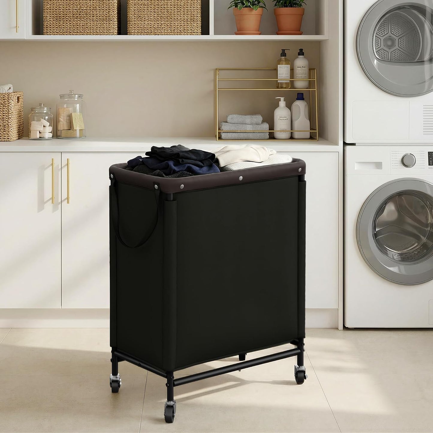 StorageWorks 3 Section Laundry Hamper, Rolling Laundry Cart with Wheels and Handles, Laundry Room Double Sorter for Organizer and Storage, 31.7 Gal(120L), Beige