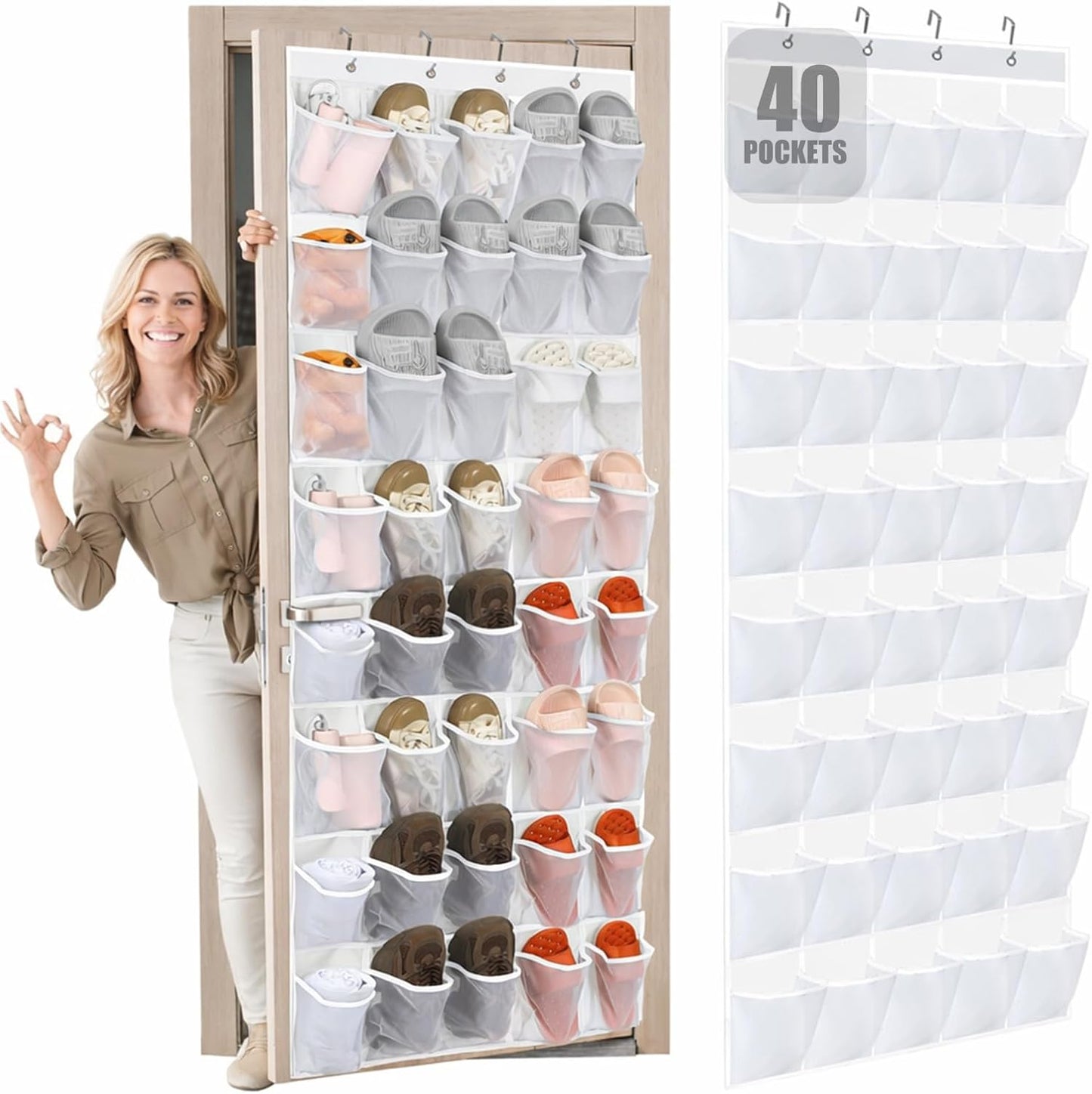 Windyun 40 Over The Door Shoe Organizer, Large Mesh Pocket Hanging Shoe Rack Hanger Large Capacity Gray Behind The Door Storage Holder for Dorm College Closet Entryway Bedroom Utility Room Women Men