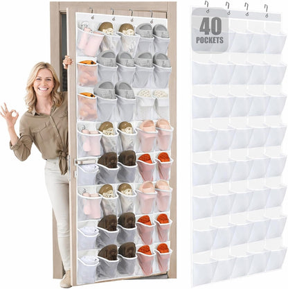 Windyun 40 Over The Door Shoe Organizer, Large Mesh Pocket Hanging Shoe Rack Hanger Large Capacity Gray Behind The Door Storage Holder for Dorm College Closet Entryway Bedroom Utility Room Women Men