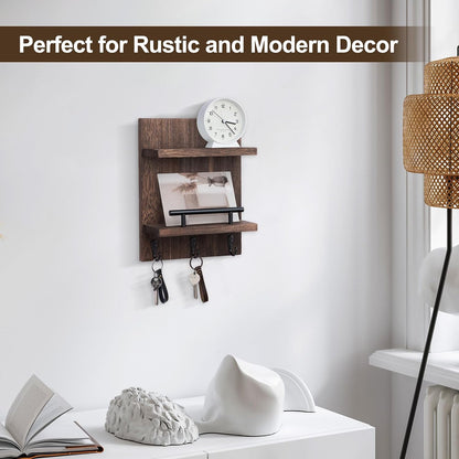 Key Holder Wall Mount, Mail Shelf Decor with 3 Key Hooks, Versatile Wood Wall Organizer for Entryway Hallway (8.2” x 10.6”x 3.6”) (White)